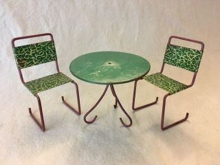 Mid Century Vintage Tin Litho Patio Table & 2 Chairs Dollhouse Furniture