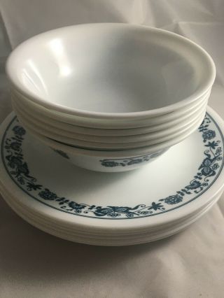 Vintage Corelle Serving Bowls Set Of Six,  8 " 5 Plate,  6 " 1/4 Bowl Blue Floral.  321