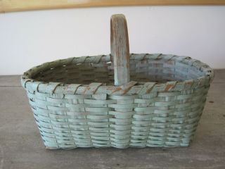 19th Century Primitive Dry Green Blue Paint Small Basket Handle Aafa