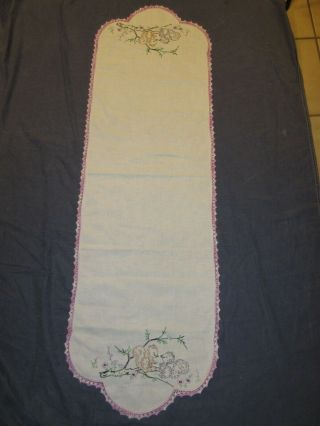 Vintage Runner/dresser Scarf - Embroidered W/ Squirrels - 52 X 17 - Crochet Trim