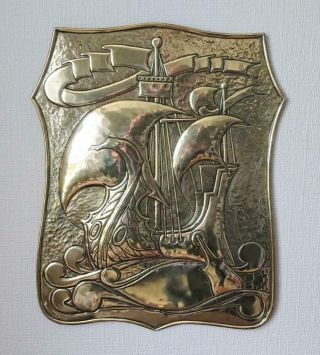 Antique Newlyn Style Arts & Crafts Hammered Brass Wall Shield Galleon 1905