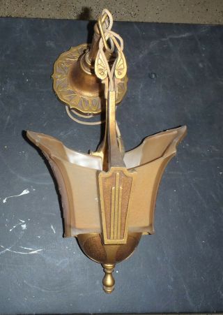 Art Deco Hanging Lamp,  Hand Made,  Ceiling Mount 12 " Tall,  Amber Shades,  Two Each