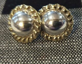 Vintage Laton Mexico Sterling Silver Brass Dome Earrings Concho 925