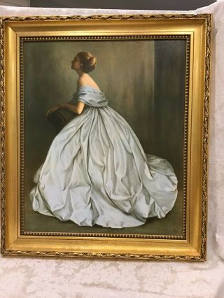 Vintage 1969 Mid Century Elegant Young Woman Oil Painting Framed Repr