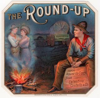 Vintage Tobacco Label " The Round - Up " W/ Pining Cowboy Great Graphics