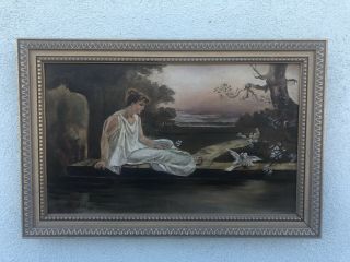 Antique Signed L.  White Oil On Canvas Painting " Love Birds " 11” X 17”