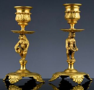Very Rare Pair 19thc Russian Gold Gilt Bronze Dancing Bear Candlesticks