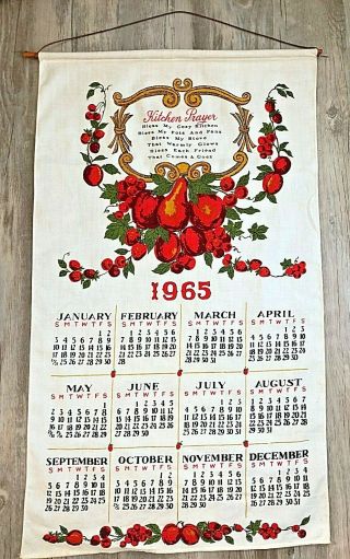 Vintage 1965 Linen Fabric Tea Towel Wall Calendar W/ Kitchen Prayer Excel Shape