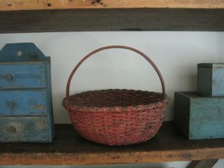 19th Century Primitive Dry Red Paint Basket Carved Wood Handle Aafa