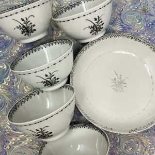 Set/6 18th C.  Chinese Exports Porcelain Encre De Chine En Grisaille Teacups Dish
