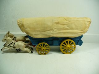 Vintage Cast Iron Collectable Horse Drawn Covered Wagon With Bows And Cover
