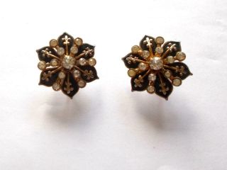 Vintage Art Deco Black Enamel Crystal Fleur De Lis Design Screw Fasten Earrings