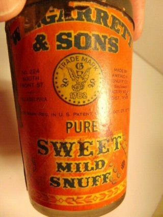 Vintage W.  E.  Garret & Sons Snuff Jar With Paper Label And Tin Lid (empty)