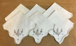 Six Large Vintage Dinner Napkins,  Linen,  Very Light Beige,  Flower Embroidery