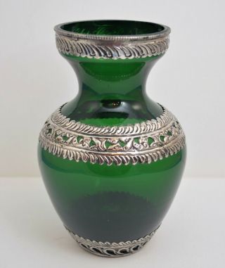 Vintage Hand Blown Emerald Green Glass Vase With Metal Overlay Design India
