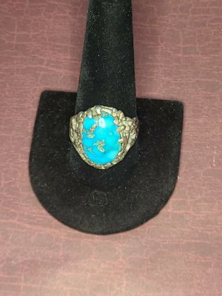 Vintage Navajo Old Pawn Turquoise Sterling Silver Ring Large Stone Size 11.  5
