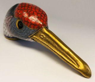 Antique 1920s Chinese Cloisonne Red - Headed Crane Bird Head Trinket Box 3