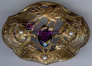 Dunn Art Nouveau Antique Purple Faceted Glass & Pearl Fantasy Griffon Sash Pin