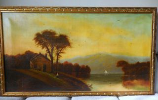 Antique 19 C Oil Painting On Canvas Landscape Old Woman House Framed