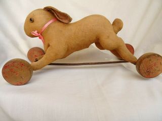 Antique Steiff Rabbit Pull Toy With Wooden Wheels 12 " From Early 1900 