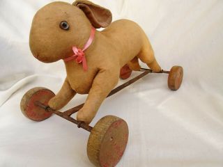 Antique Steiff Rabbit Pull Toy with Wooden Wheels 12 