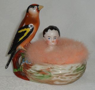Rare Antique Powder Puff With Bird And Baby Goose - Down Half Doll