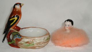 RARE ANTIQUE POWDER PUFF WITH BIRD AND BABY GOOSE - DOWN HALF DOLL 2