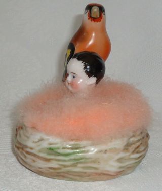 RARE ANTIQUE POWDER PUFF WITH BIRD AND BABY GOOSE - DOWN HALF DOLL 3