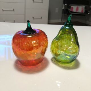 Set Of 2 Vintage Venetian Hand Blown Glass Iridescent Apple & Pear Pristine