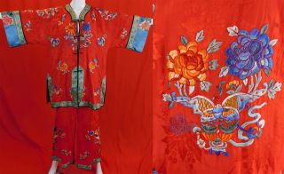 Vintage Antique Chinese Red Silk Peony Butterfly Embroidered Pajamas Pants Robe