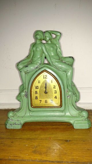 Antique Frankart Green Nude Woman Art Deco Clock