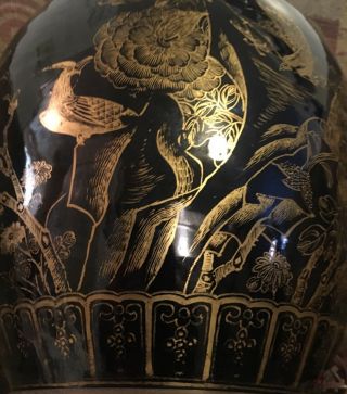 Antique Chinese Kangxi Style Gilt Decorated Mirror Black Porcelain Jar Vase