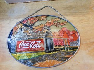 Decor.  Coca - Cola Oval Stained Glass Window Hanging Frame Vtg.  1997 Sun Catcher