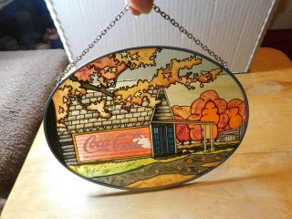 Decor.  Coca - Cola Oval Stained Glass Window Hanging Frame Vtg.  1997 Sun Catcher 3