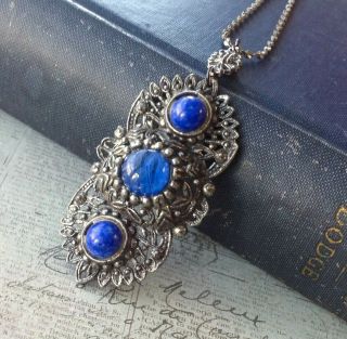 Vintage Necklace Antique Czech Filigree Pendant W/ Blue Stones