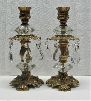 Pair 1973 Vintage L&lwmc Gold Color Candle Holders With Lead Crystal Prisms