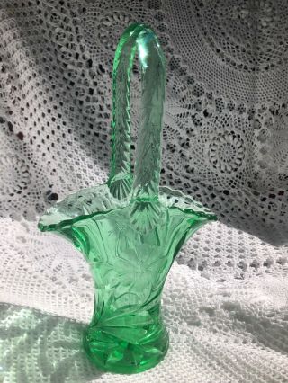 Vintage Mid Century Depression Glass Green Basket/ Vase Etched Cone Flower
