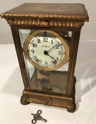 Antique Seth Thomas Crystal Regulator Clock Gold Gilt Bronze Chime 12” W/key