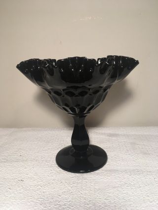 Vintage Fenton Black Glass Compote Candy Dish Ruffled Edge Thumbprint 2