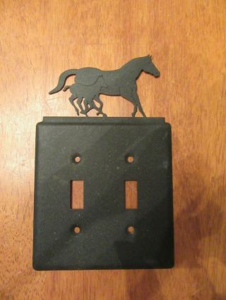 Vintage Black Metal Double Light Switch Plate Cover - Horse & Pony - Euc