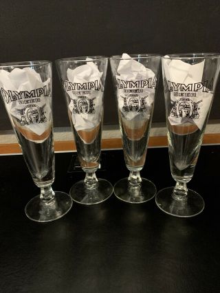 Set Of 4 Vintage Olympia Beer Pilsner Glasses Good Luck Logo