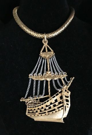 Vintage Necklace Huge Sailing Schooner Ship Pendant W/ Mesh Collar