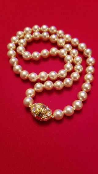 Vintage Nolan Miller 18 " Pearl Necklace Rhinestone Egg Clasp Haute Couture