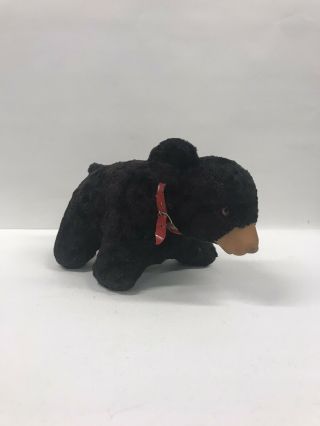 Vintage Stuffed Black Bear With Red Collar And Rubber Nose