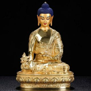 China Old Temple Tibetan Buddhism Bronze Gilt Painting Medicine Buddha Statue 6 "
