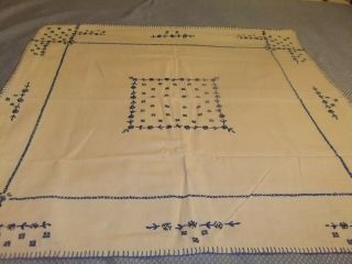 Tablecloth Vintage Small Bridge Cloth W/4 Napkins Blue Cross Stitch 91tc