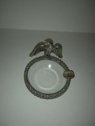 Vintage Glass Ashtray With Pewter Eagle And Rim Design
