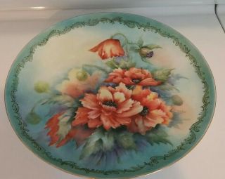 Vintage Signed Hand Painted Gold Rim Porcelain China Plate Poppy Flowers 12 Inch