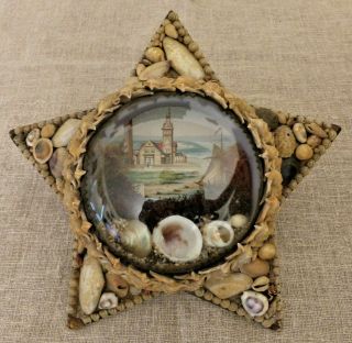 Rare 19th C Victorian Seashell Shell Art Bubble Glass Folk Art Star Diorama 1