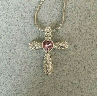 Vintage Swarovski Crystal Cross Heart Pendant Necklace Amethyst Silver Tone